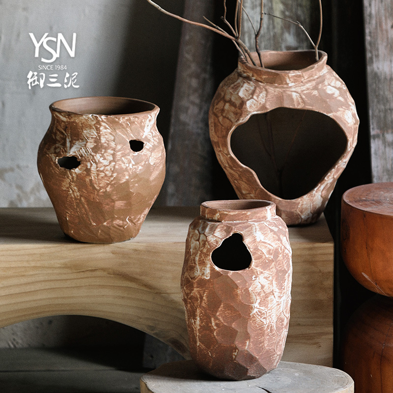 台面粗陶花瓶干花花瓶陶罐罐子陶瓷复古土陶粗糙感花盆摆件镂空瓶