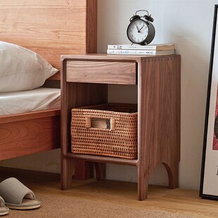 一刻木器实木床头柜简约日式现卧室无辅材黑胡桃极窄床边柜