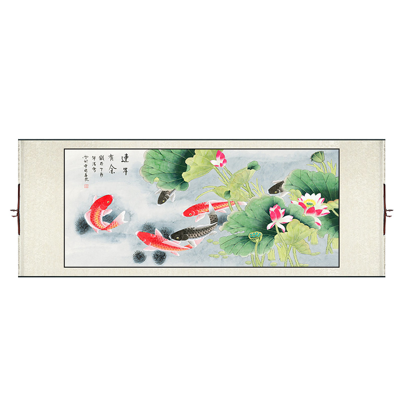 九鱼图中式卷轴挂画连年有余卧室床头装饰画客厅书房壁画餐厅墙画图片