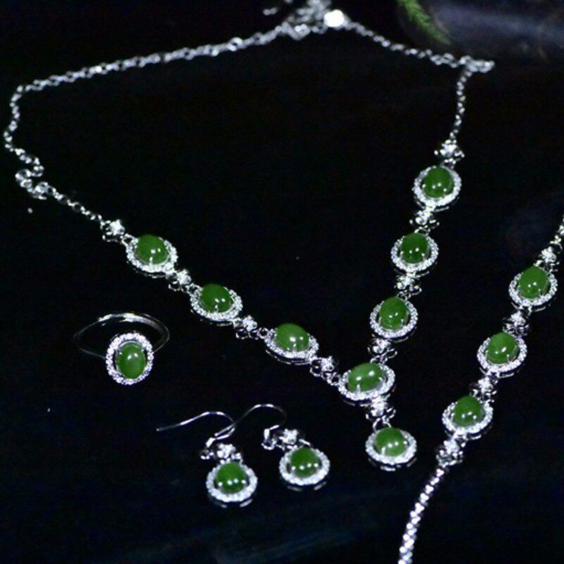 和田玉碧玉四件套首饰玉石吊坠项链戒指耳环手链吊坠套装女款