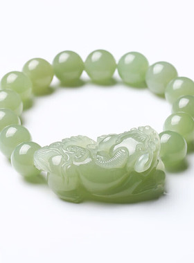 和田玉手串青玉湖水绿圆珠貔貅玉石手链男女款送证书支持复检