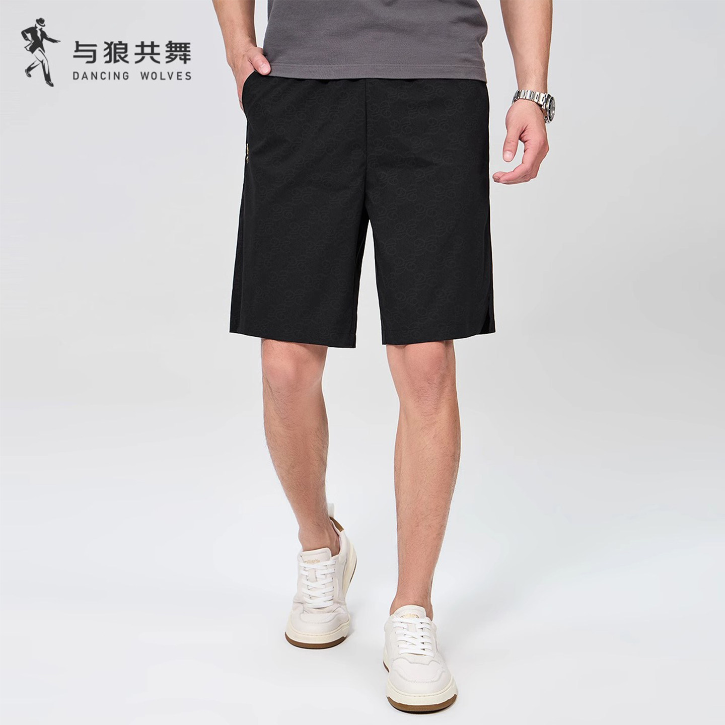 与狼共舞暗纹满印休闲短裤男士2025夏季新款弹力舒适个性五分裤子