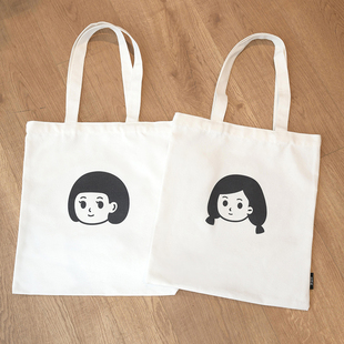 造物集便携卡通帆布单肩包纵向大号白色帆布包大学生女手提袋子