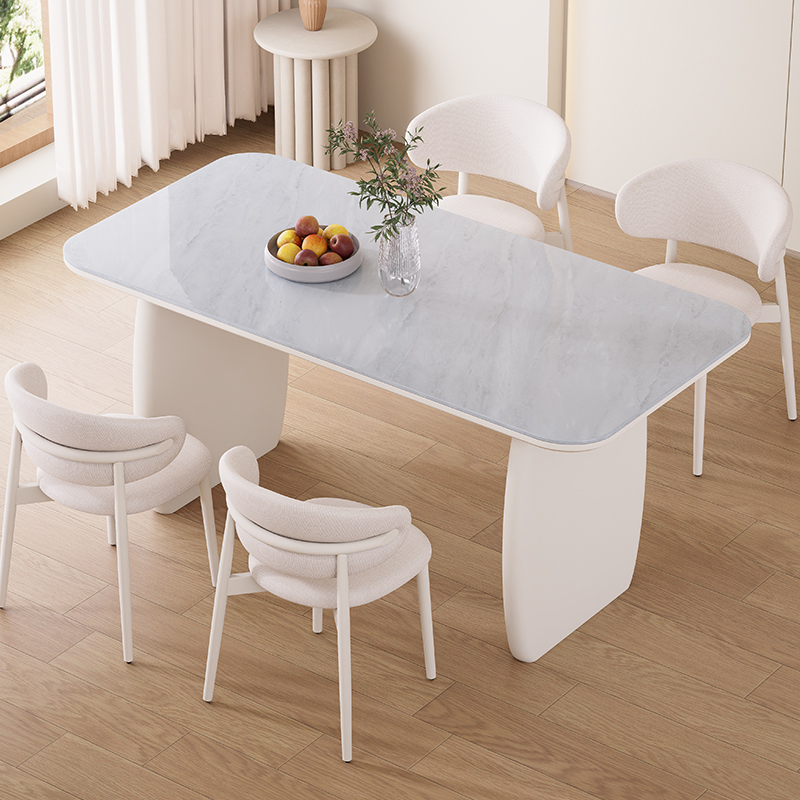 培嘉家居2025年新款奶油风白色网红微晶石实木餐桌椅组合大理石桌