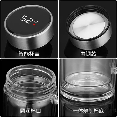 家用智能显温大容l量双层玻璃杯带把手耐高温男女泡茶杯办公室水