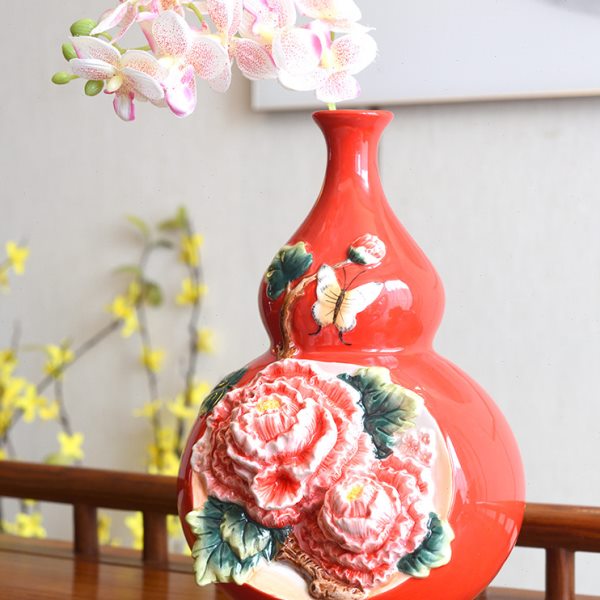 陶瓷牡丹葫芦花瓶摆件客厅插花餐厅摆设办公室入户玄关家居装饰品