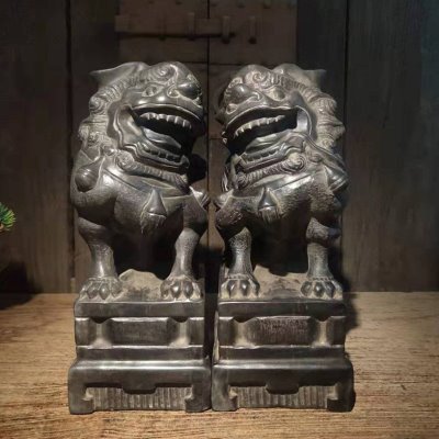 古董古玩老石雕旧石器仿古山西青石雌雄狮子中式复古陈设摆件包邮