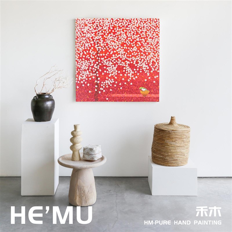 日式花鸟客厅卧室装饰挂画梅花高级感入户玄关红色系艺术手绘油画图片