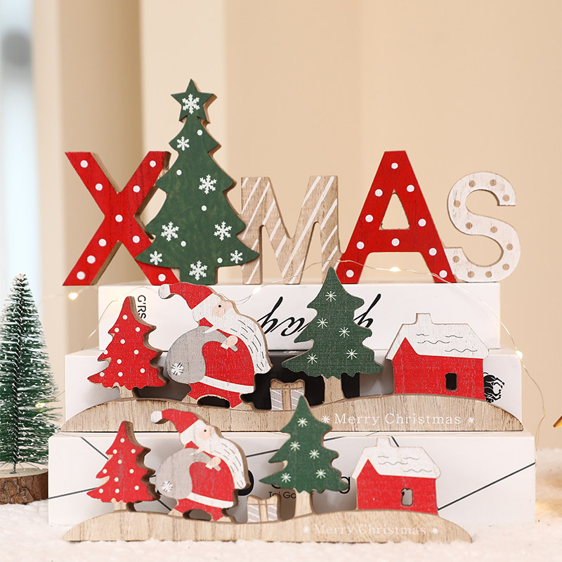 圣诞节装饰品木质制摆件字母牌圣诞老人前台收银台桌面场景布置