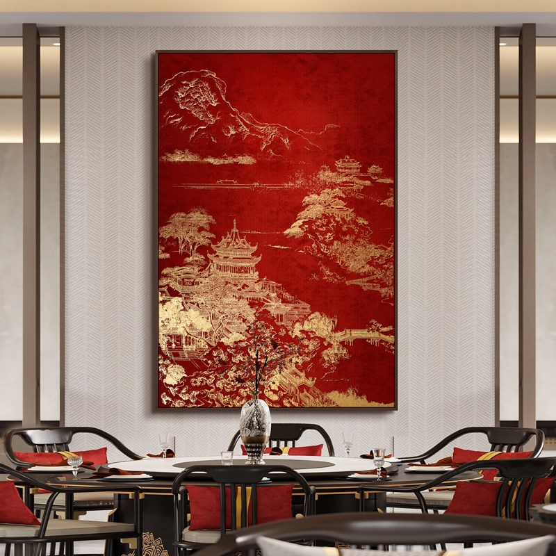 中式客厅浮雕肌理装饰画餐厅轻奢高级感立体挂画风景竖版背景壁画图片