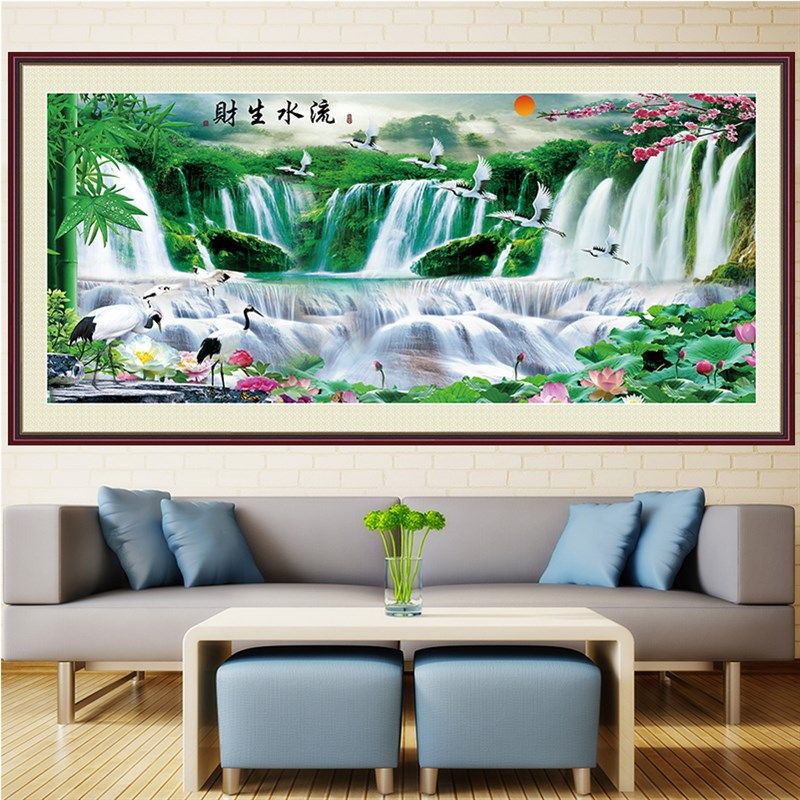 富水长流壁画财源广进墙贴中式靠山图风景沙发客厅装饰画流水生财,家居饰品,现代装饰画,淘宝优惠券,粉丝福利购,淘宝优惠卷