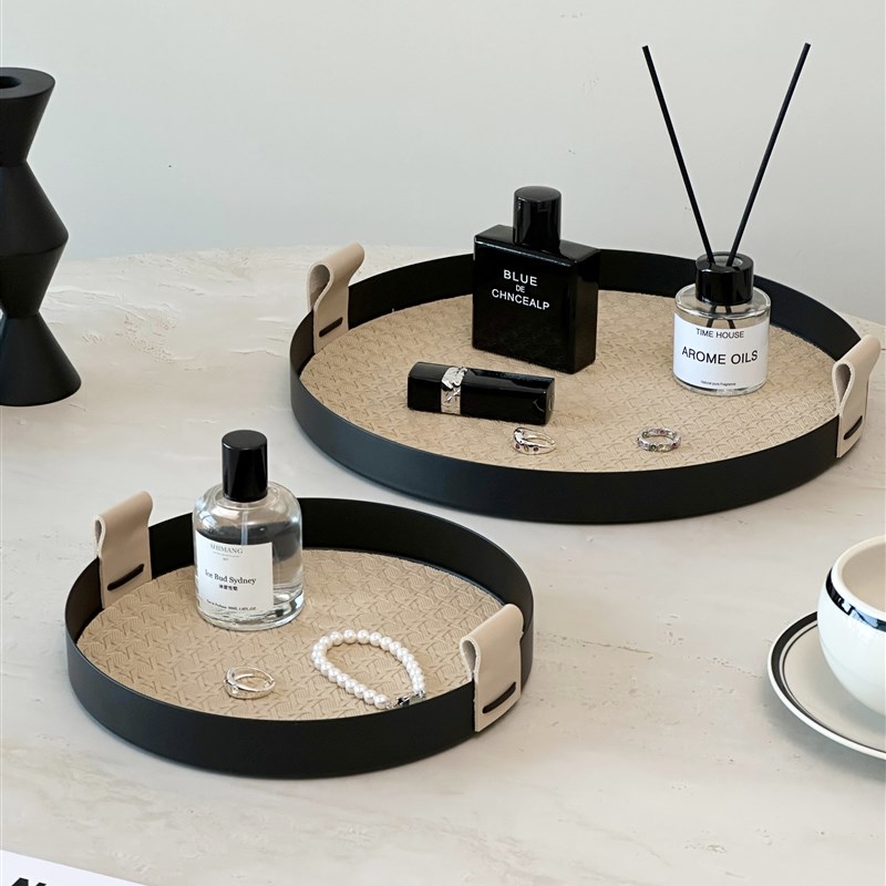 高级黑圆形金属托盘轻奢皮质桌面收纳盒玄关钥匙杂物首饰香薰收纳