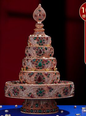 尼泊尔掐丝曼扎盘全套藏式供具镶宝石铜曼茶盘供曼茶罗10.5cm