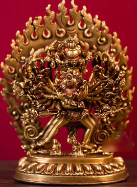 尼泊尔手工居家桌面全鎏金时轮金刚铜像摆件带背光5寸