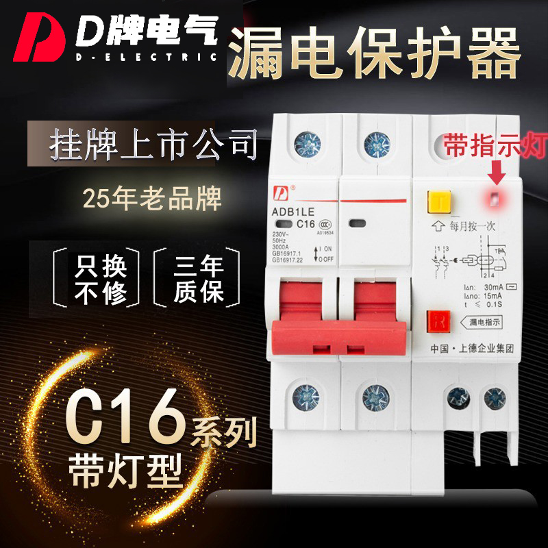 D牌小型漏电保护器DZ47LE 2P家用单相断路器C63A总空开带触电开关