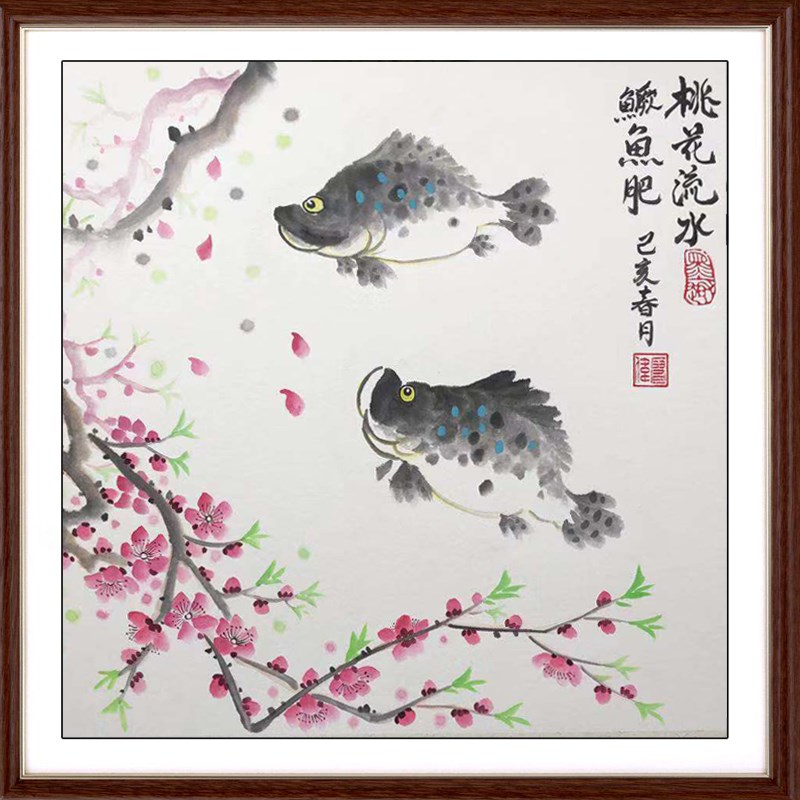 纯手绘中式国画花鸟客厅茶社酒店饭店包间装饰挂画方荷花桃花鳜鱼图片