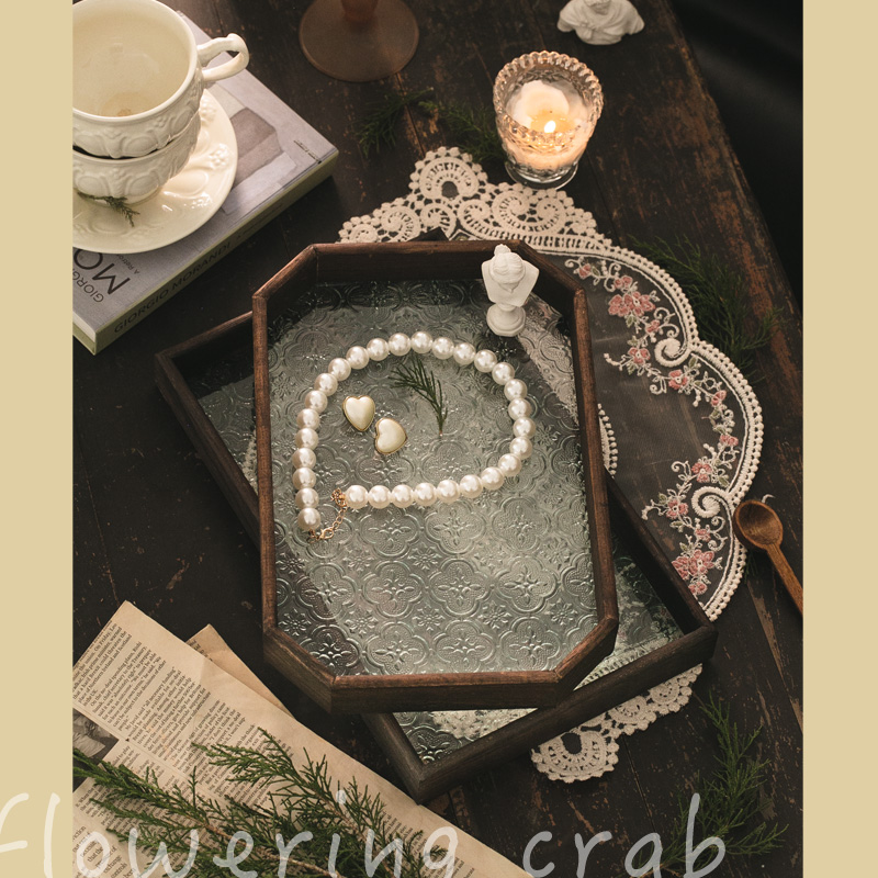 中古风海棠花浮雕玻璃托盘 收纳盘 装饰盘 水果点心盘 茶水托道具