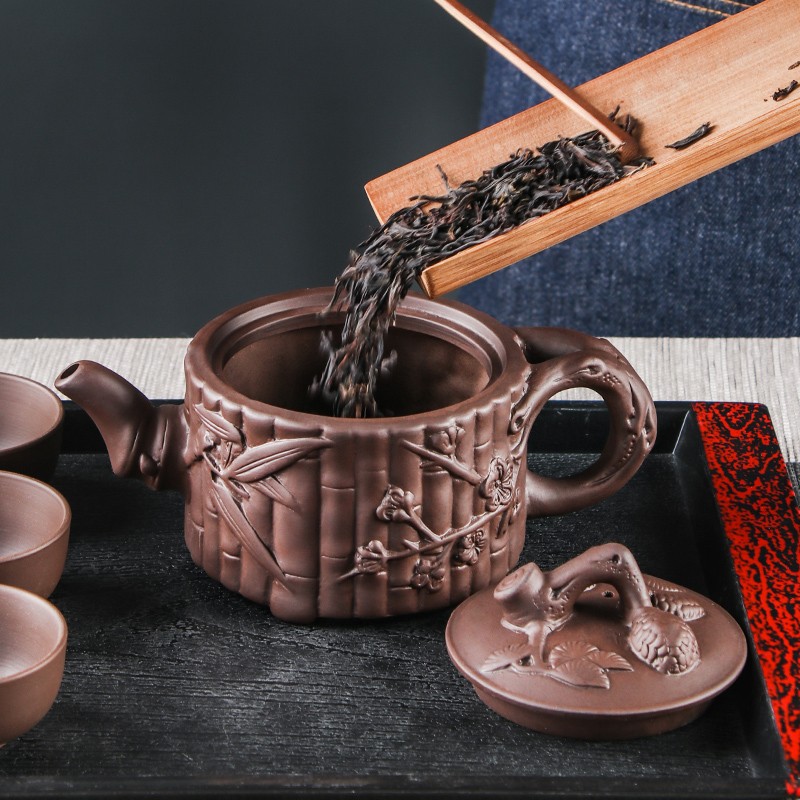 紫砂壶大容量宽口三友壶朱泥手工浮雕茶壶泡茶器功夫茶具茶杯套装