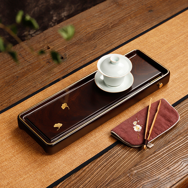 黄铜整块原木黑檀木茶盘长方形储水排水干泡茶台家用实木小号简约