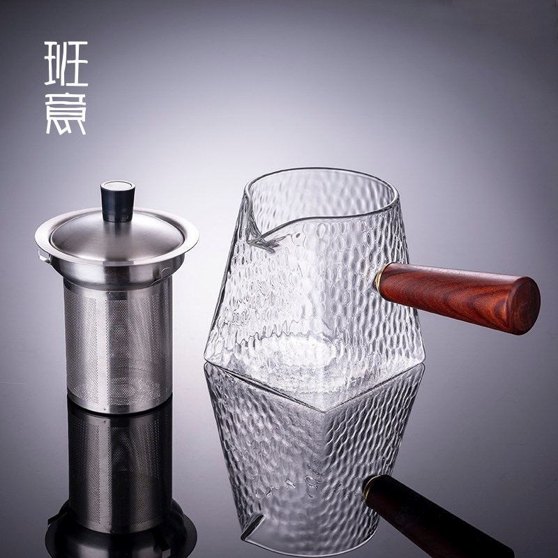 班意 木把玻璃公道杯大容量304过滤分茶器加厚耐热侧把公杯倒茶杯