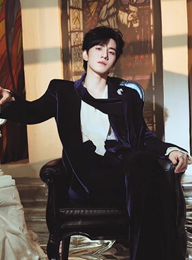 王弘毅明星同款时尚晚宴风真丝绒紫色轻奢西装套装男秋冬正装礼服