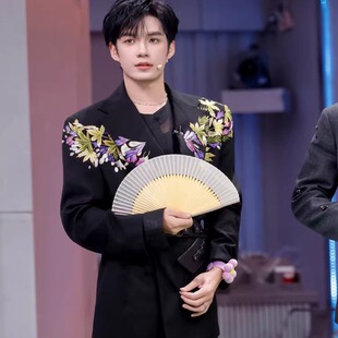 外套男轻奢高级感西服 国风花卉刺绣西装 张颜齐明星同款 黑色新中式