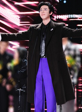 刘宇宁明星同款极简风黑色中长款西装秋冬男商务舞台高级感西服潮