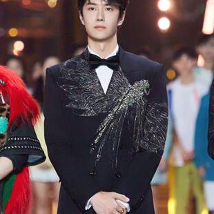 王一博明星同款黑色西装外套男士重工蜻蜓钉珠舞台演出西服套装潮