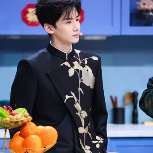 白敬亭明星同款新中式立领西服男士重工刺绣修身外套中国风演出服