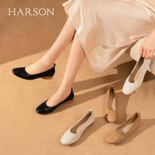 哈森2026新款褶皱浅口单鞋低跟鞋奶奶鞋薄款通勤女鞋HWS260167