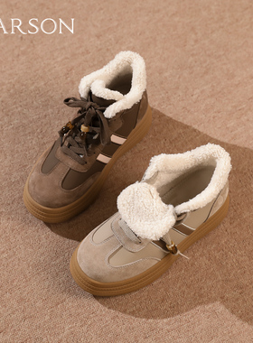 哈森复古百搭高帮德训鞋女2025秋冬新款保暖加绒休闲鞋HCA251606