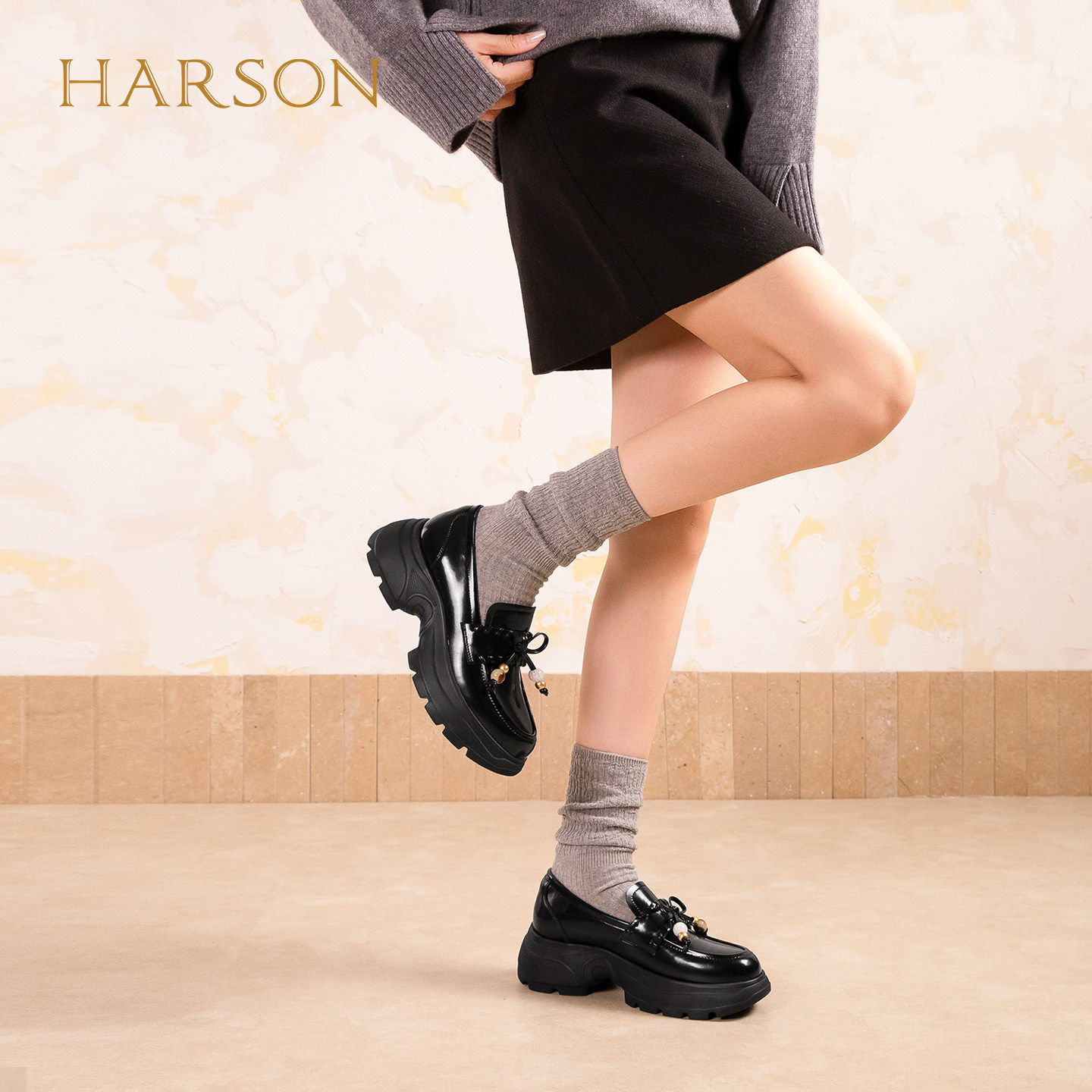 哈森时尚厚底增高乐福鞋蝴蝶结休闲通勤女单鞋2026新款女鞋豆豆鞋