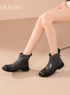 哈森复古时装靴真皮擦色粗跟烟筒靴女短靴2025冬季新品HWA250119