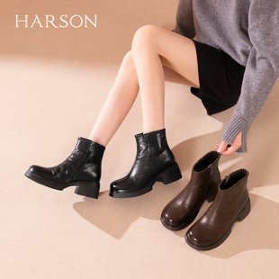 哈森时尚气质加绒保暖高跟时装靴真皮短靴女2025冬新款HWA250180