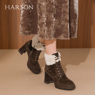 哈森舒适加绒短靴保暖雪地靴女2025冬季新款粗高跟时装靴HA257117