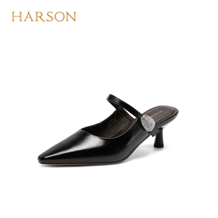 女外穿水钻HWM260116 方头牛皮穆勒拖包头半拖鞋 哈森2026夏季 新款