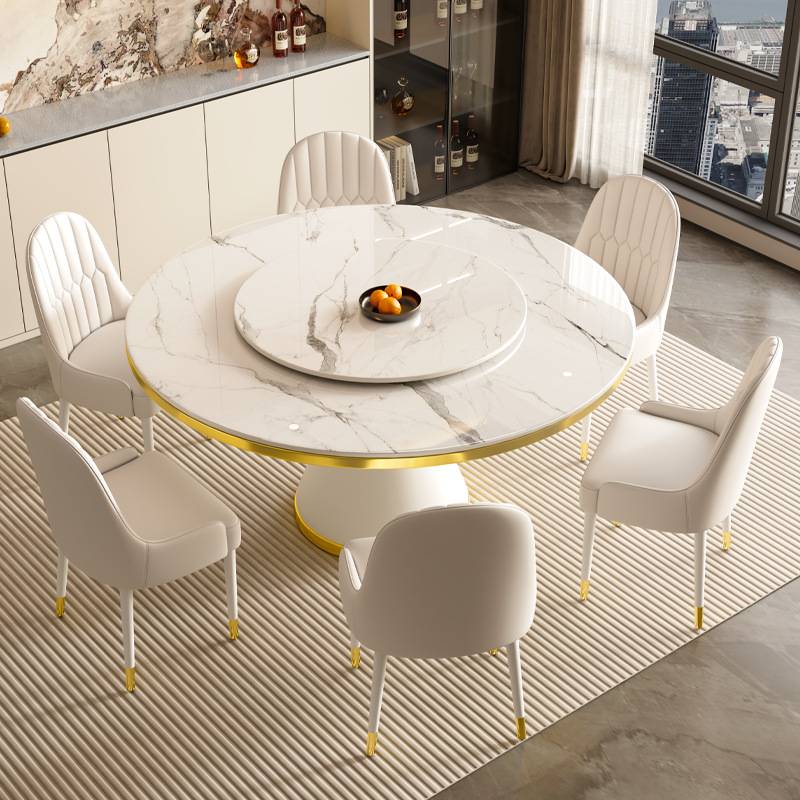 大理石现代餐桌椅岩板组合圆桌轻奢家用岩板圆形小户型转盘轻奢风