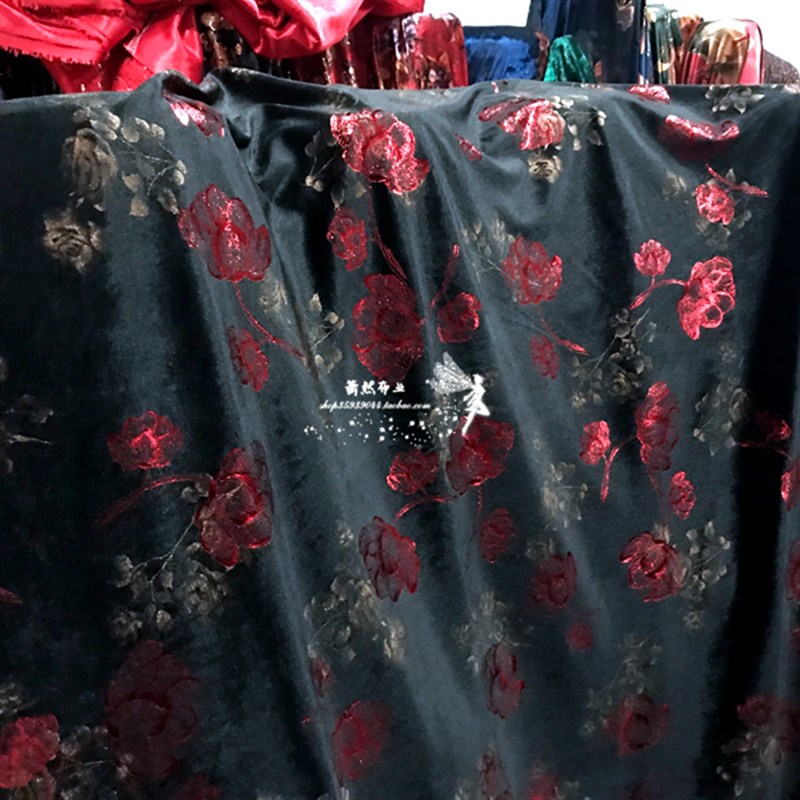新款黑色底四面弹力暗花亮光双色烫金金丝绒布料旗袍连衣裙等
