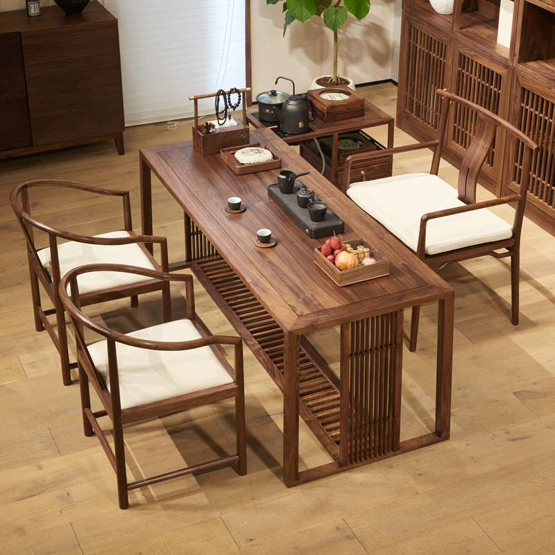 北美黑胡桃木茶桌家用茶台新中式品茶桌椅凳组合办公室茶室家具
