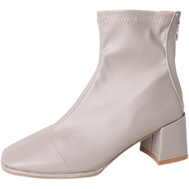 后拉链短靴女2021年秋新款方头粗跟时尚百搭英Q伦风复古瘦瘦马丁