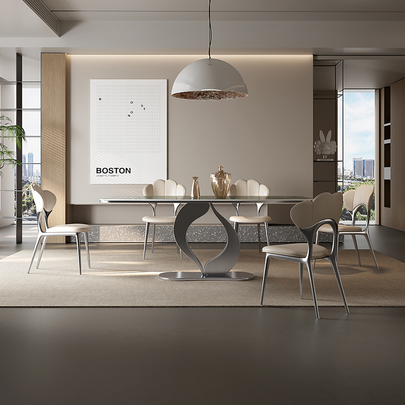 意式极简岩板餐桌大理石长方B形简约家用别墅高端奢石饭桌