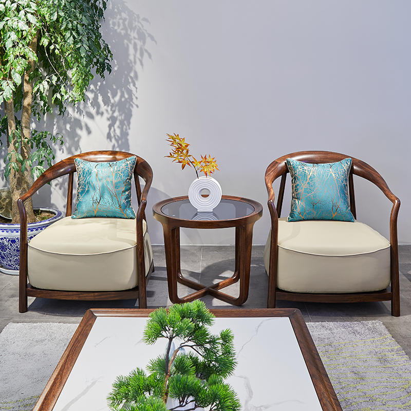 新中式乌金木三件套休闲椅单人沙发椅圆几实木极简圈椅原木洽淡桌