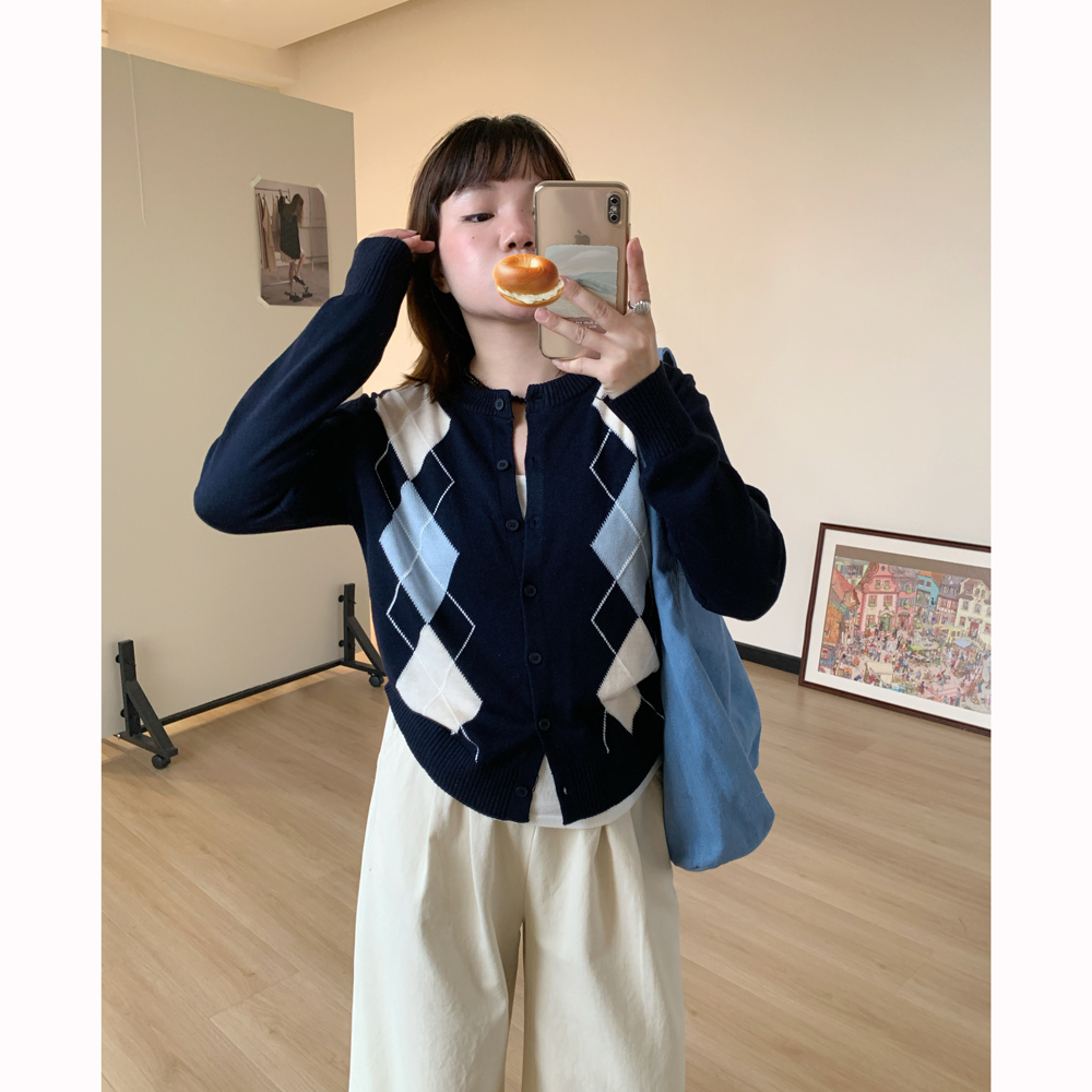 Omang桃喜 韩系菱形格针织开衫女早秋修身百搭设计感休闲毛衣外套