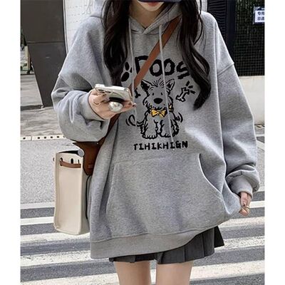 小狗印花连帽加绒卫衣女小个子