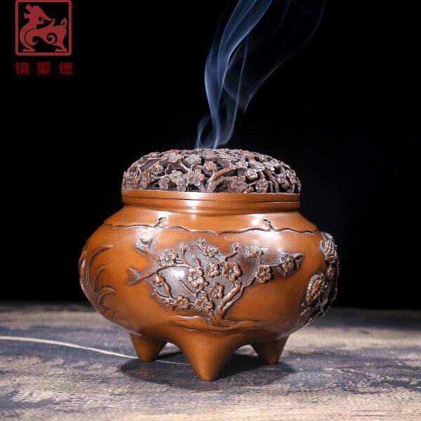 铜聚德 纯紫铜梅兰竹菊三足薰香炉 仿古家用茶道香道宣德炉摆件