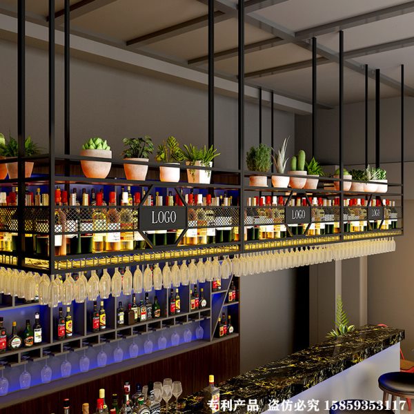 吧台悬挂红酒杯架铁艺吊柜置物架工业风倒挂酒架酒吧吊挂酒柜工业