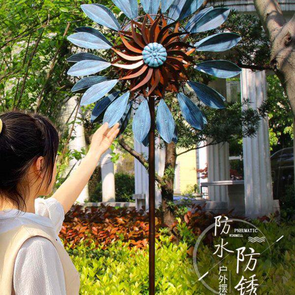 铁艺双面风车户外别墅花园装饰庭院落地摆件楼盘造景转动旋转布置