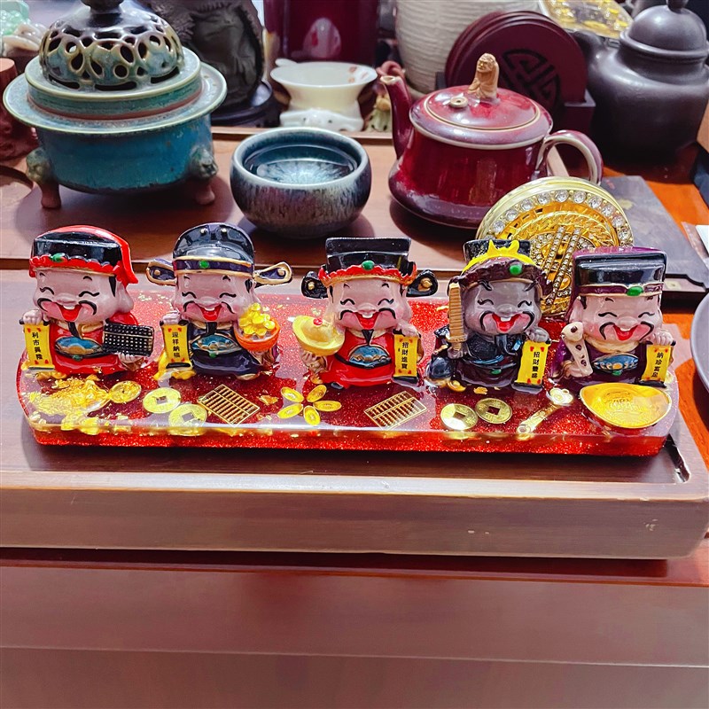 五路财神摆件电脑工位摆件手工滴胶金箔电脑茶台茶桌装饰发财招财