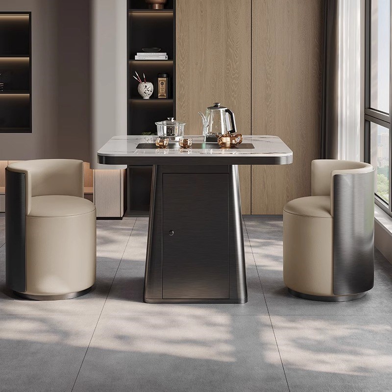 轻奢意式岩板方形茶桌功夫茶桌椅组合小户型小茶台家用Z阳台奢石