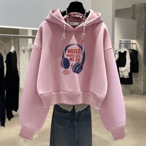 上衣冬薄款春秋闪电短款粉色连帽女加绒外套耳机印花卫衣2025新款
